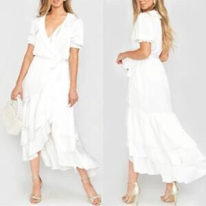 show me your mumu evermore ruffle wrap dress ivory luxe satin small